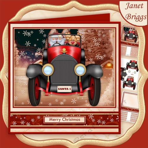 SANTAS VINTAGE CAR 7.8 Humorous Decoupage & Insert Mini Kit
