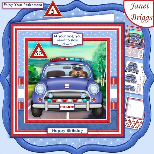 POLICE CAR With Ages Humorous Birthday, Retirement or Childs Decoupage Mini Kit