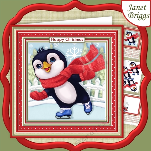 SKATING PENGUIN RED 8x8 Christmas Decoupage & Insert Mini Kit