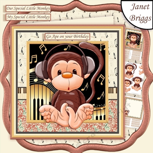 LITTLE MONKEY WITH HEADPHONES 8x8 Decoupage & Insert Mini Kit