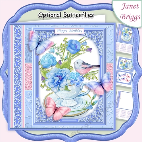 BLUE FLORAL TEACUP 7.5 All Occasions Quick Card & Insert Mini Kit