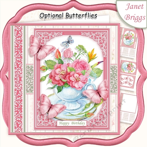 PINK FLORAL TEACUP 7.5 All Occasions Quick Card & Insert Mini Kit