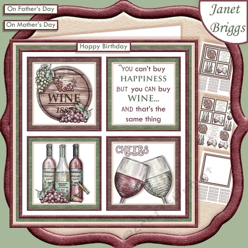WINE HAPPINESS Humorous 7.5 Quick Card Decoupage & Insert Mini Kit
