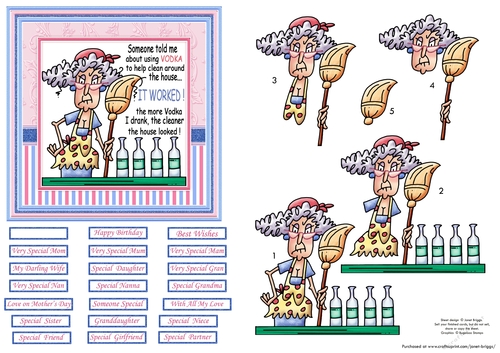 STELLA CLEANING WITH VODKA 5x5 Humorous Decoupage Sheet