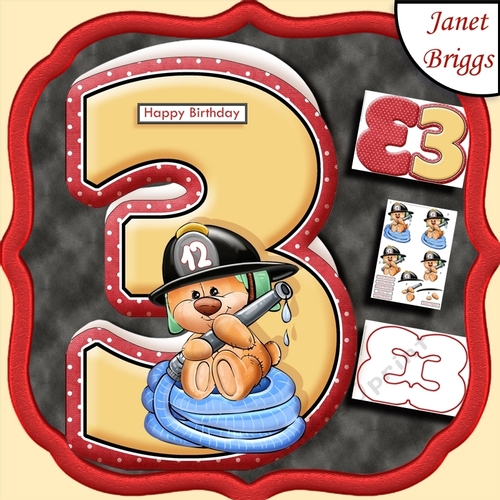 Age 3 Shaped Card  Insert & Optional Fireman Ted Decoupage Kit