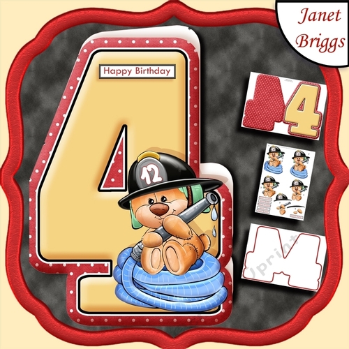 Age 4 Shaped Card  Insert & Optional Fireman Ted Decoupage Kit