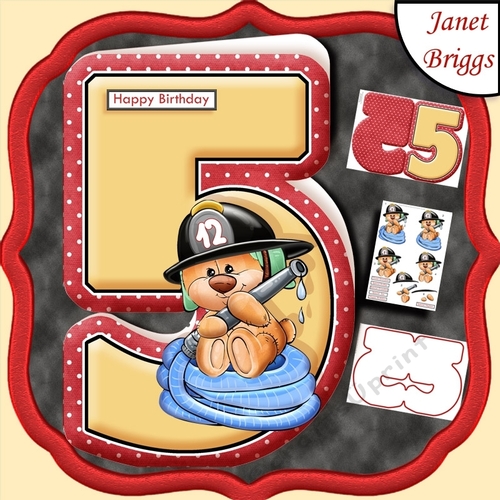 Age 5 Shaped Card  Insert & Optional Fireman Ted Decoupage Kit
