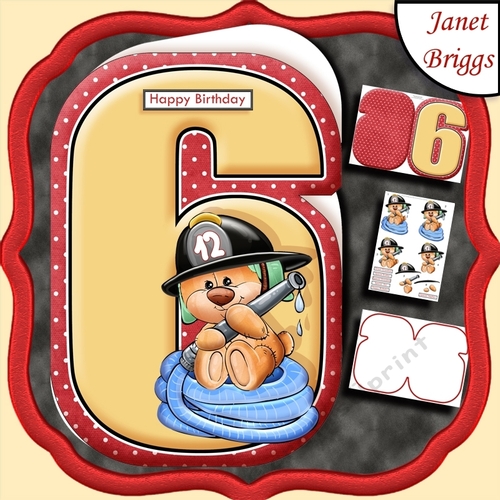 Age 6 Shaped Card  Insert & Optional Fireman Ted Decoupage Kit