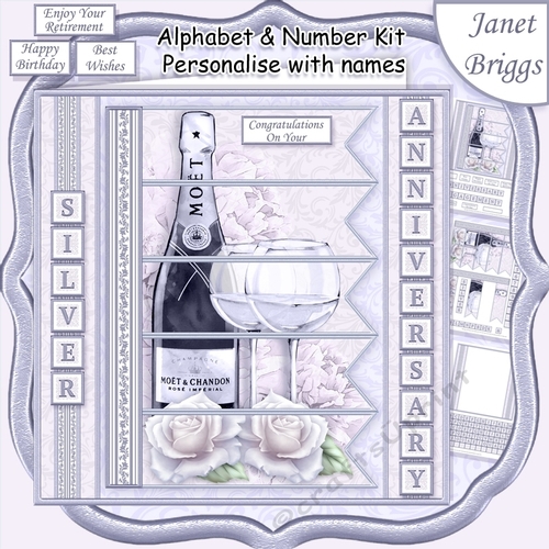 CHAMPAGNE 7.5 Alphabet Silver Wedding Anniversary Alphabet & Age Card Kit 