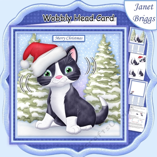 CHRISTMAS CAT WOBBLY HEAD CARD 7.5 Decoupage & Insert Mini Kit