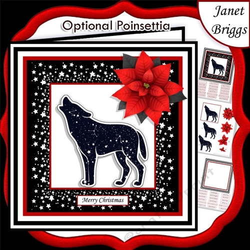 STARRY WOLF & POINSETTIA Christmas or Birthday 7.5 Quick Card