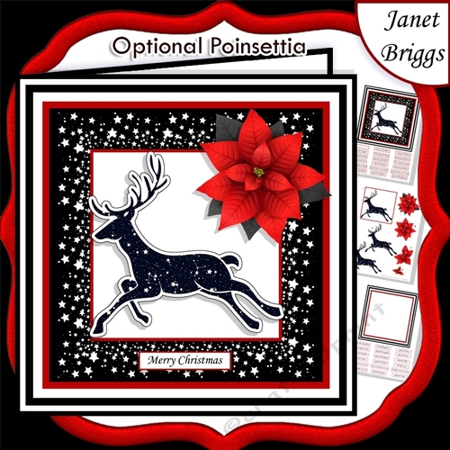 STARRY REINDEER & POINSETTIA Christmas or Birthday 7.5 Quick Card