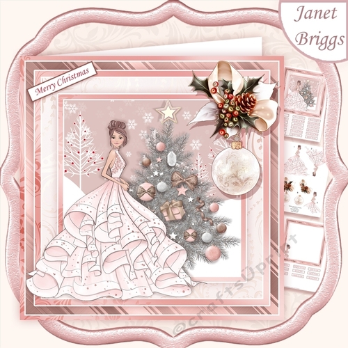 ROSE GOLD CHRISTMAS TREE & LADY Long Dress 7.5 Decoupage & Insert Mini Kit