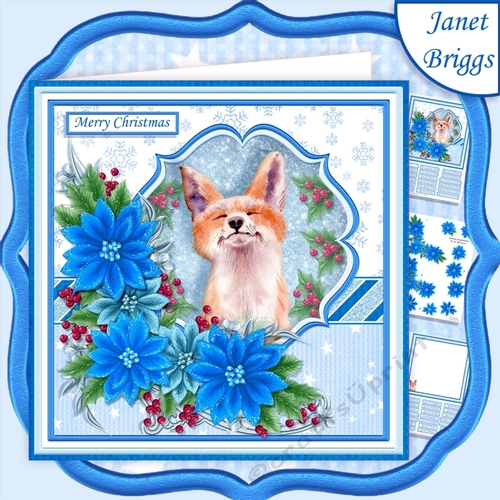 FOX & BLUE POINSETTIA 7.5 Christmas Decoupage & Insert Mini Kit