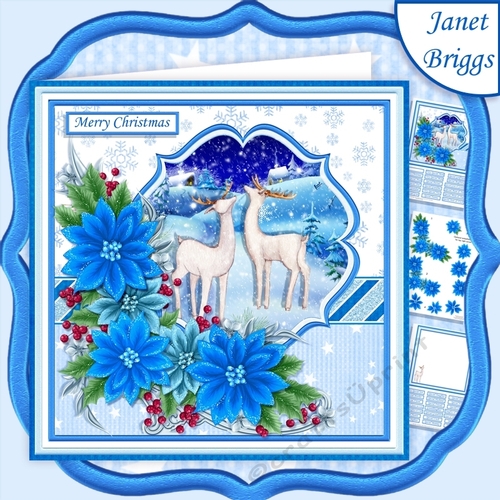 DEER & BLUE POINSETTIA 7.5 Christmas Decoupage & Insert Kit