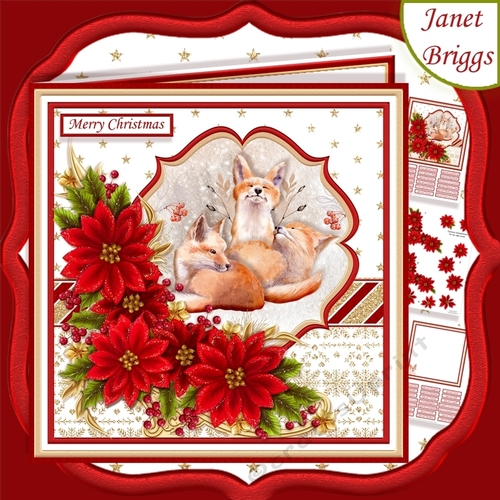 FOX FAMILY & POINSETTIA 7.5 Christmas Decoupage & Insert Kit