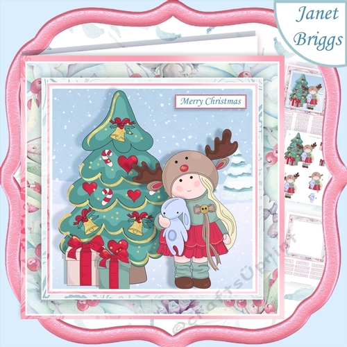 GIRL IN REINDEER HAT Christmas 7.5 Decoupage & Insert Mini Kit