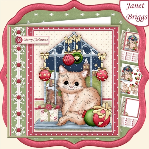 CHRISTMAS KITTY ON WINDOW 7.5 Decoupage & Insert Mini Kit