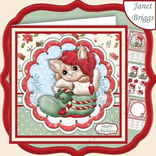 CHRISTMAS KITTY IN BOOT 7.5  Decoupage & Insert Mini Kit
