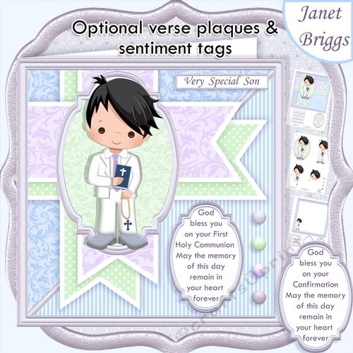 1ST HOLY COMMUNION or CONFIRMATION Boy Black Hair  & Verse 7.5 Decoupage & Insert Mini Kit