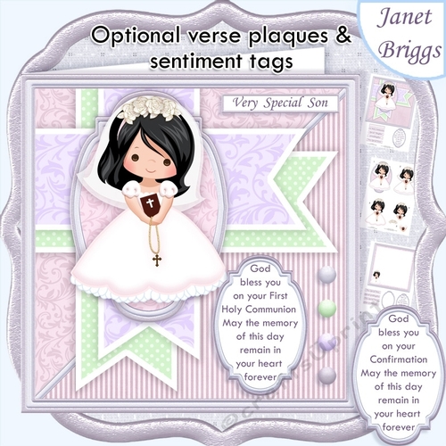 1ST HOLY COMMUNION or CONFIRMATION Girl Black Hair  & Verse 7.5 Decoupage & Insert Mini Kit