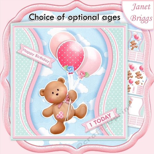 BEAR & BALLOONS With Ages Pink All Occasion Decoupage Kit