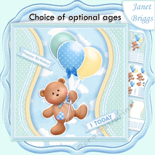BEAR & BALLOONS With Ages Blue All Occasion Decoupage Kit