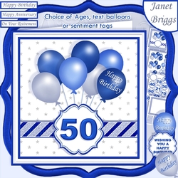 BLUE & SILVER BIRTHDAY BALLOONS & AGES 7.5 Decoupage & Insert