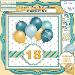 TEAL & GOLD BIRTHDAY BALLOONS & AGES 7.5 Decoupage & Insert