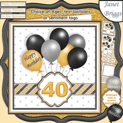 BLACK & GOLD BIRTHDAY BALLOONS & AGES 7.5 Decoupage & Insert