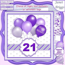 PURPLE & SILVER BIRTHDAY BALLOONS & AGES 7.5 Decoupage & Insert