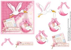 New Baby Girl & Stork Square Card & Decoupage