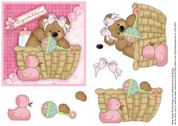 Baby Girl Bear in Basket Topper & Decoupage