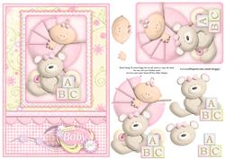 Baby Girl in Pram & Teddy Decoupage