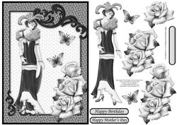 Art Deco Lady & Roses in Black & White Decoupage