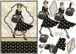 Vintage Shopping Lady in Black Topper & Decoupage