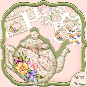 Teapot Shape Card Green & Peach Floral & Decoupage Card Kit