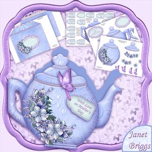 Teapot Shape Card Blue & Lilac Floral & Decoupage Card Kit