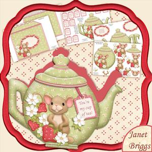 Teapot Shape Card Strawberries & Mouse Decoupage Kit