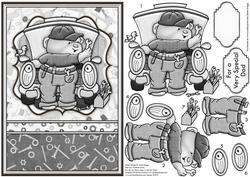 Cheeky Car Mechanic in Black & White, Topper & Decoupage
