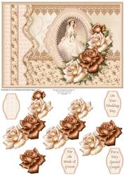Vintage Wedding Day Bride & Cream Roses Decoupage