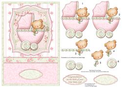 New Baby Girl Bear Pram Shabby Chic Topper & Decoupage