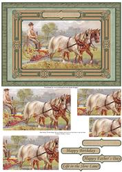 Vintage Farming Horses Male Birthday Card Topper