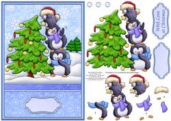 Penguin Fun Decorating Christmas Tree Card Topper Decoupage