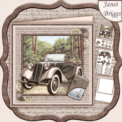 Vintage Open Top Pewter Car 8x8 Decoupage & Insert Mini Kit
