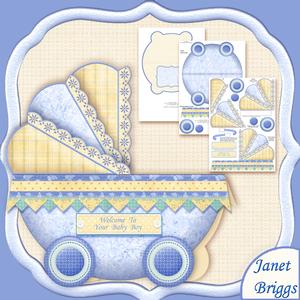 New Baby Boy Pram Shape Card 3 Sheet Mini Kit