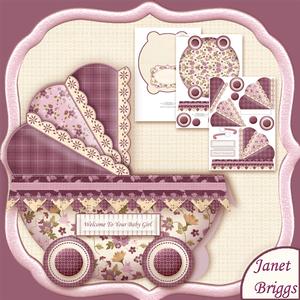 New Baby Girl Burgundy Pram Shape Card 3 Sheet Mini Kit