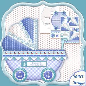 New Baby Boy Nautical Pram Shape Card 3 Sheet Mini Kit