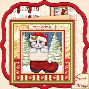 Puss in Santa Boot Christmas Card Mini Kit & Decoupage