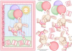 Baby Girl Bunny & Balloons A5 Card Topper & Decoupage